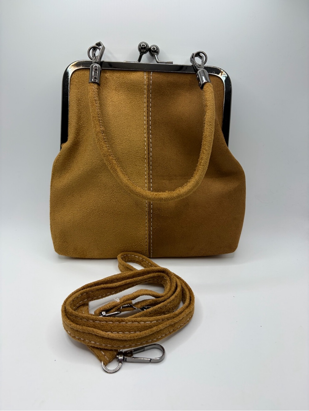 Suede Kiss-Lock Clutch in Mustard